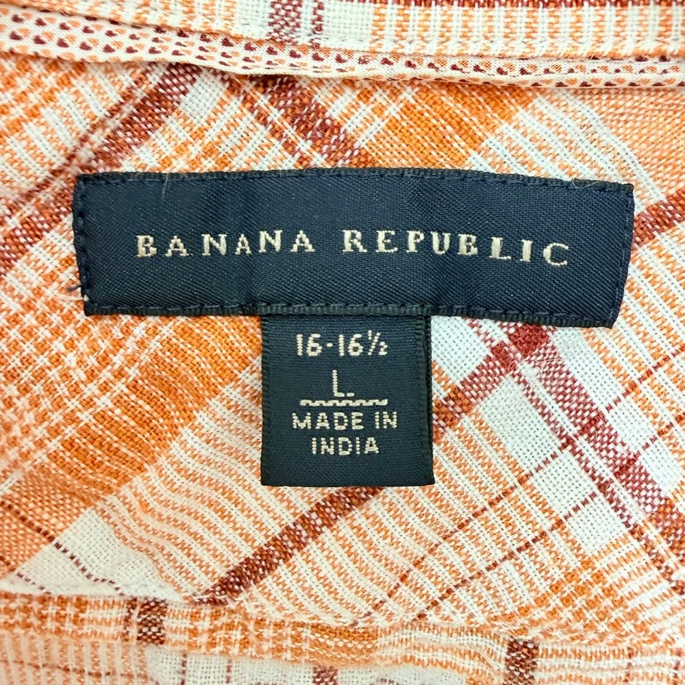 Banana Republic Linen Shirt Large Orange Plaid Coastal Beachy Minimalist Rustic